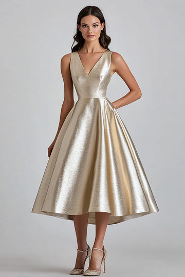 Metallic Champagne V Neck A Line Midi Formal Dress